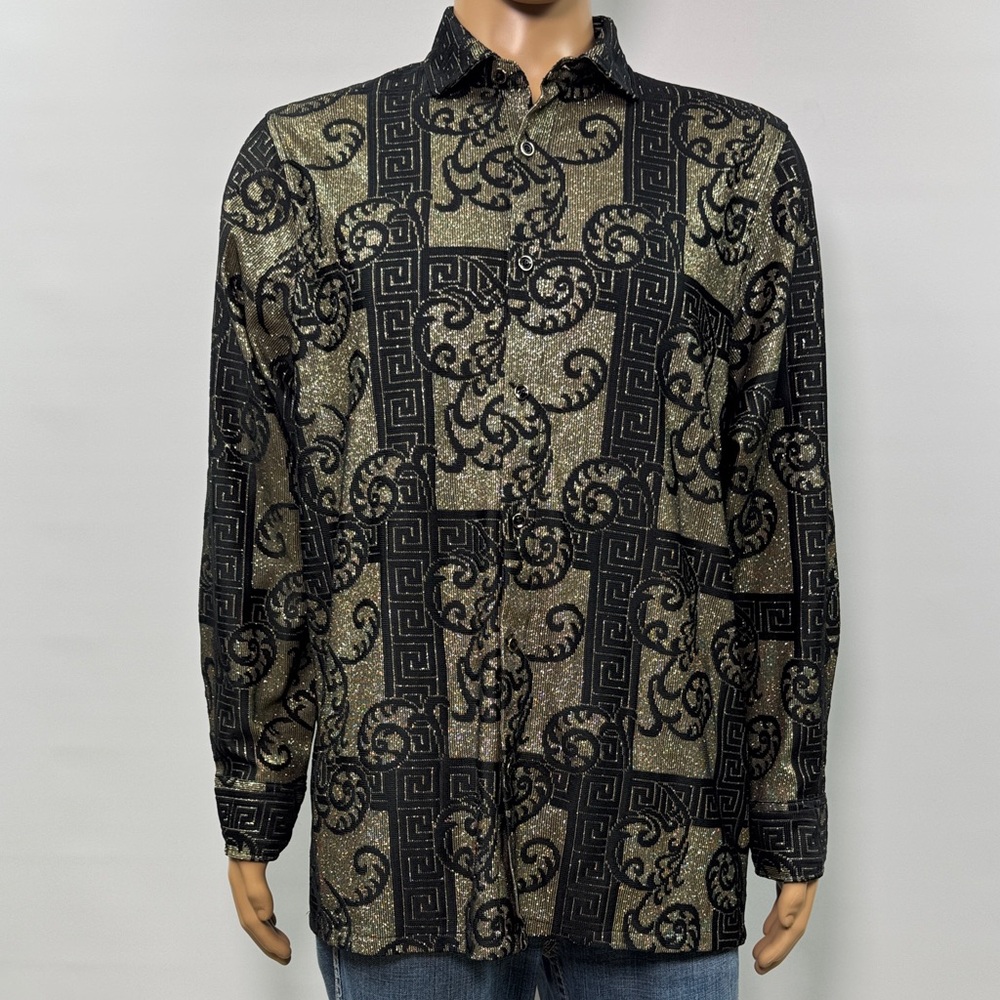 Prestige Original Black and Gold Abstract Patterned Button-up Shirt Size XL
